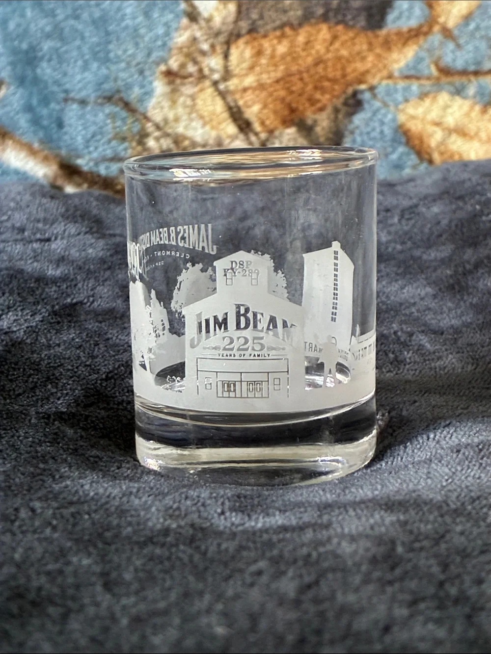6 JIM BEAM, SHOT GLASS W/WHITE ETCHED WRITING, CELEBRATING 225 YEARS OF FAMILY